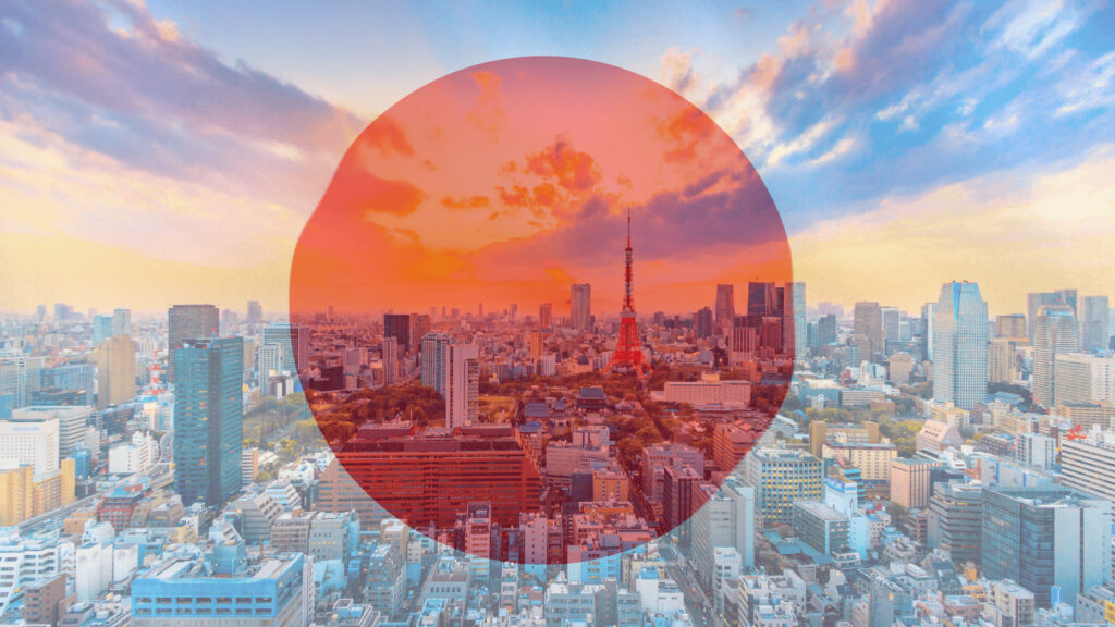 日本の国旗と東京の街